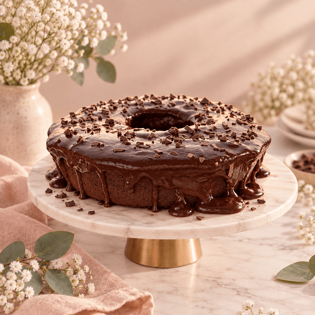 Bolo de chocolate em forma de coroa, coberto de ganache brilhante e lascas de chocolate.